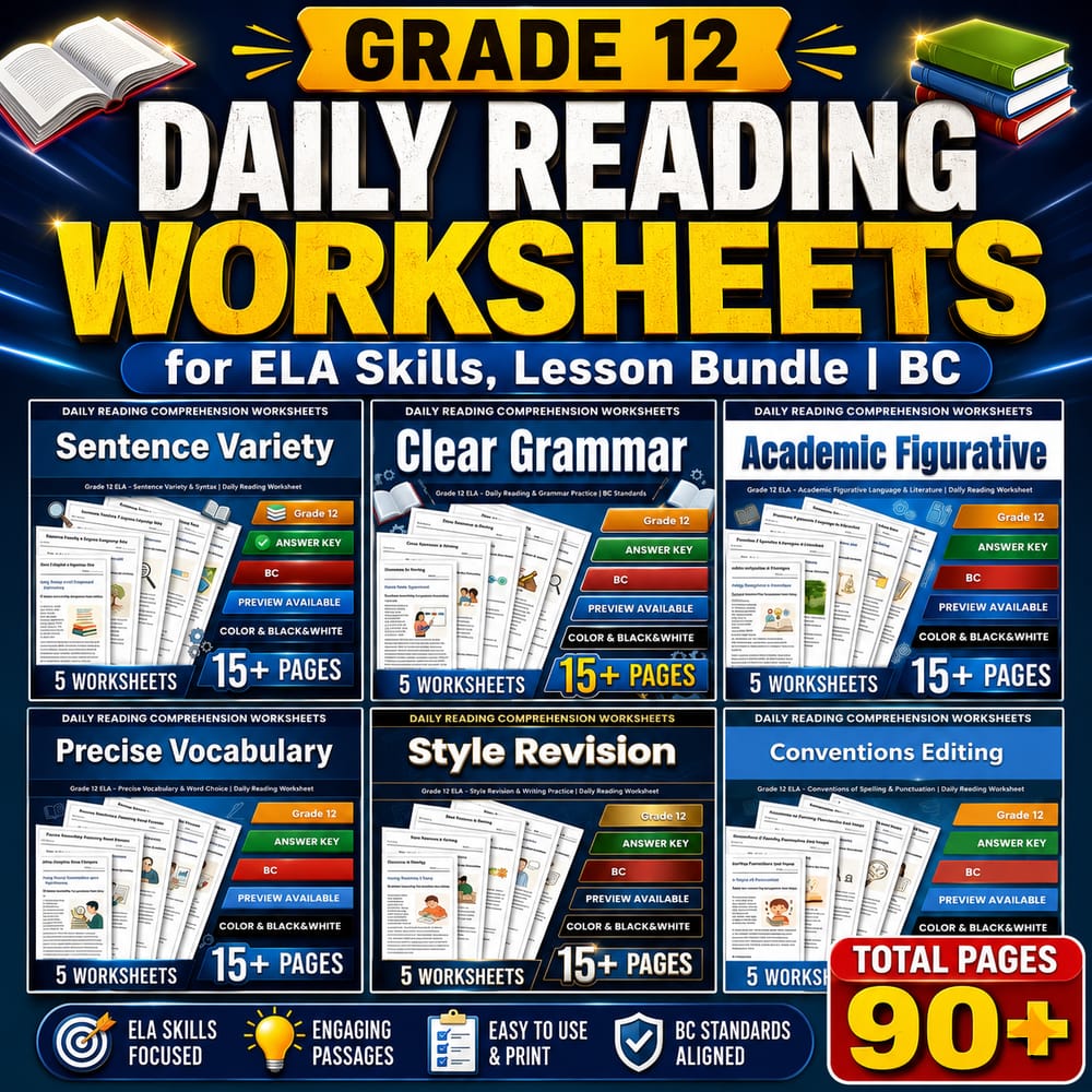 Grade 12 Daily Reading Worksheets for ELA Skills, Lesson Bundle | BC — bundle cover