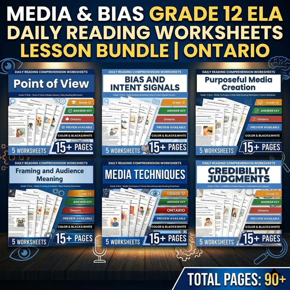 Media & Bias Grade 12 ELA Daily Reading Worksheets Lesson Bundle | Ontario — bundle cover