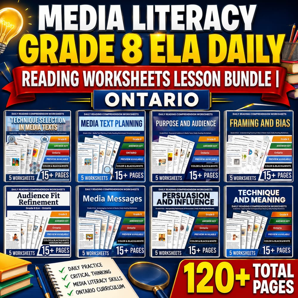 Media Literacy Grade 8 ELA Daily Reading Worksheets Lesson Bundle | Ontario — bundle cover