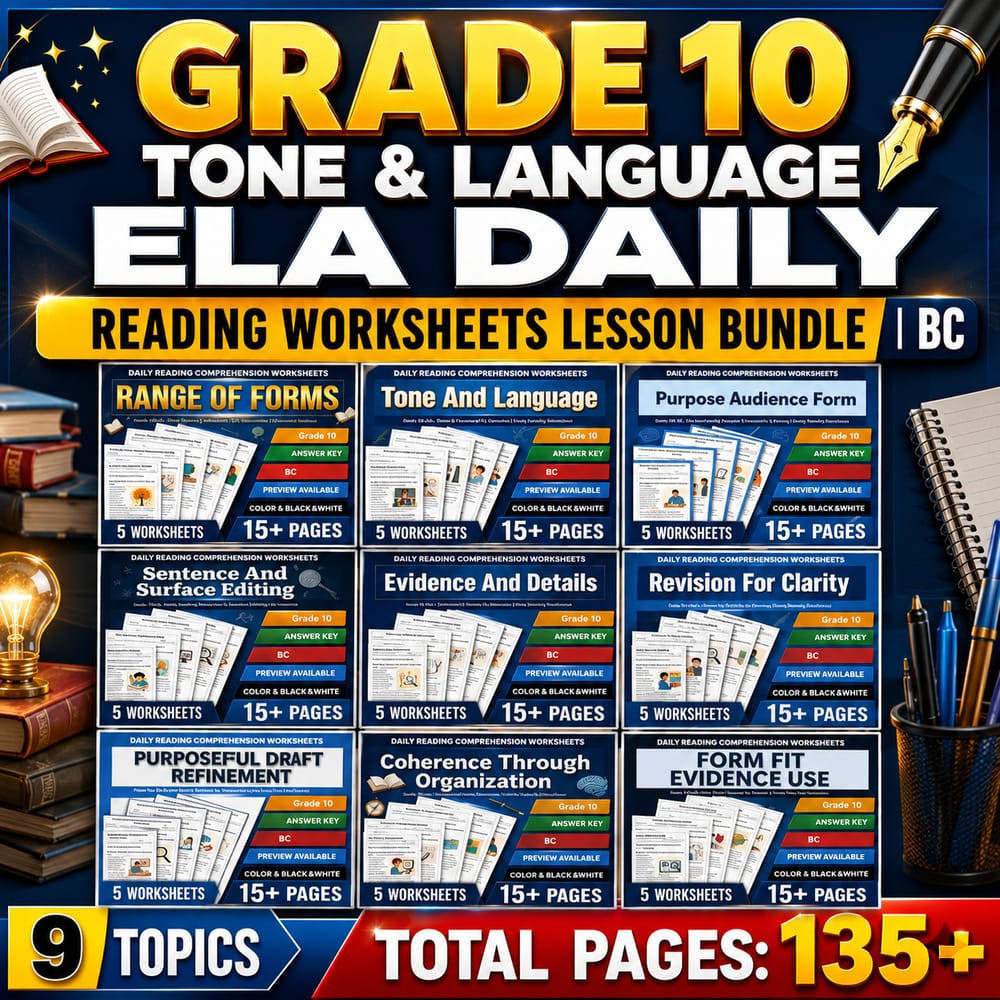 Grade 10 Tone & Language ELA Daily Reading Worksheets Lesson Bundle | BC — bundle cover