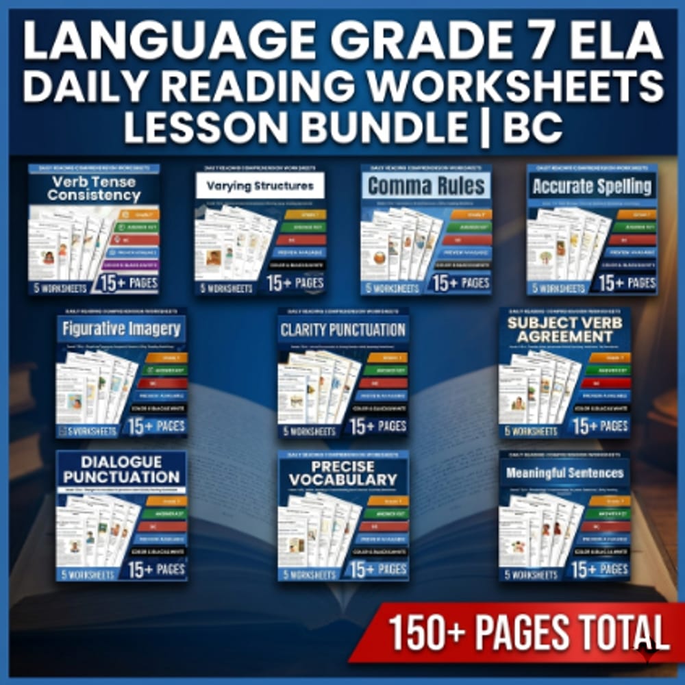 Language Grade 7 ELA Daily Reading Worksheets Lesson Bundle | BC — bundle cover