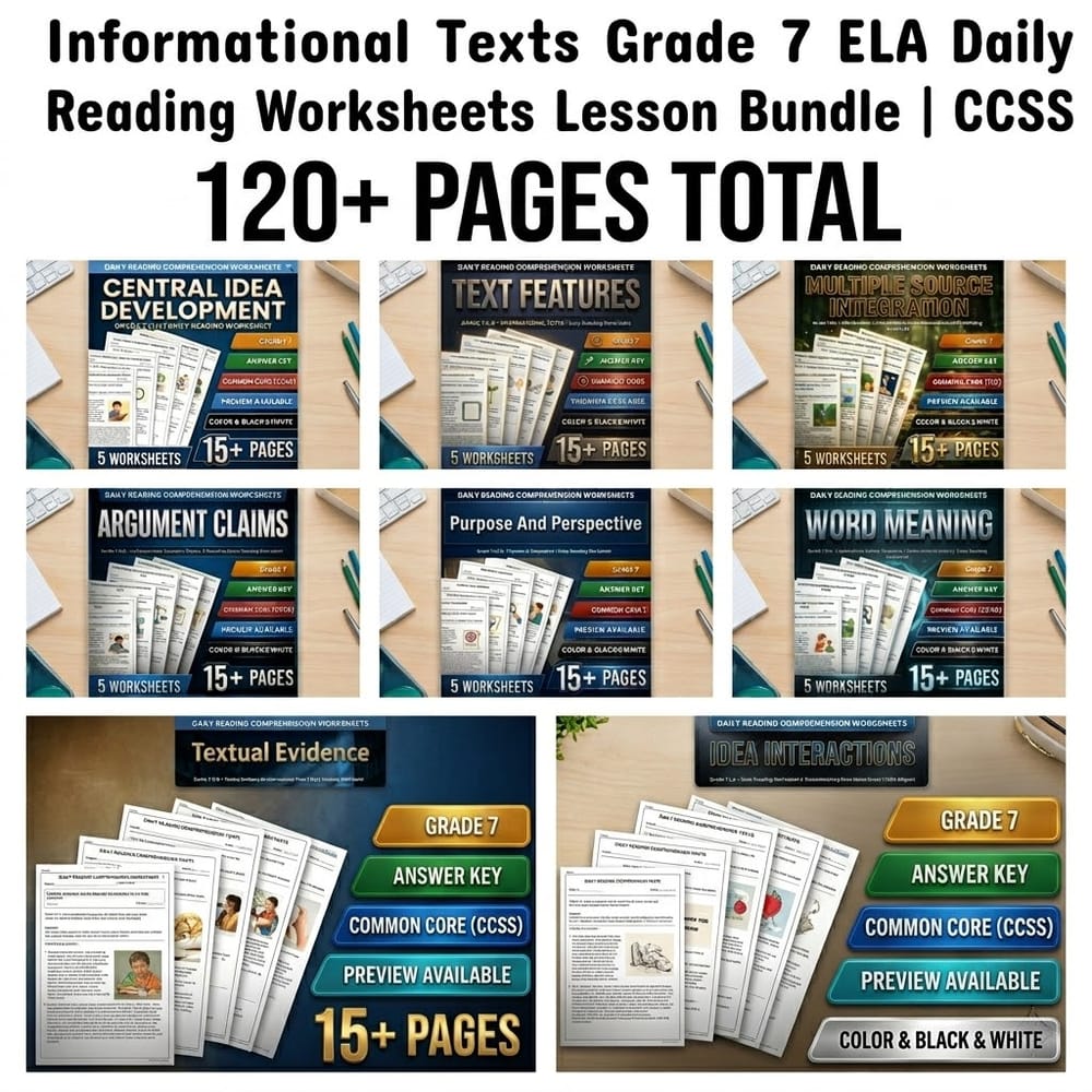 Informational Texts Grade 7 ELA Daily Reading Worksheets Lesson Bundle | CCSS — bundle cover