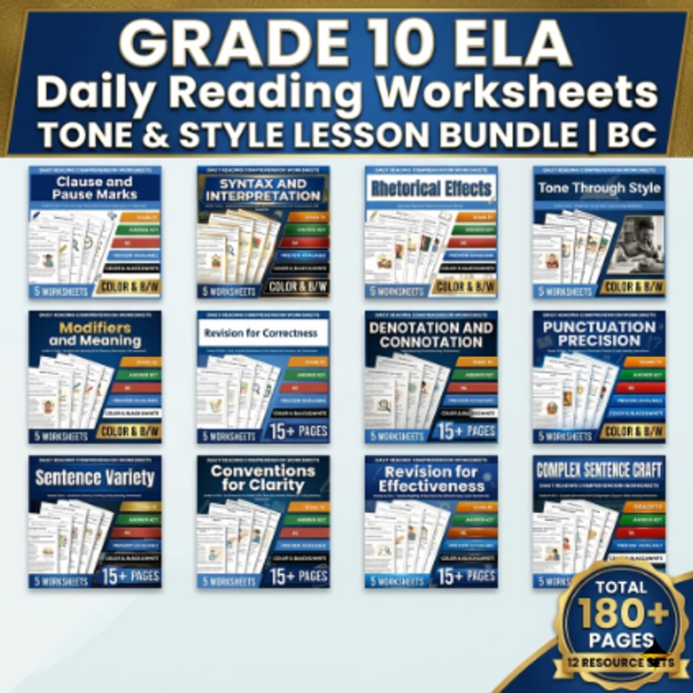 Grade 10 ELA Daily Reading Worksheets: Tone & Style Lesson Bundle | BC — bundle cover
