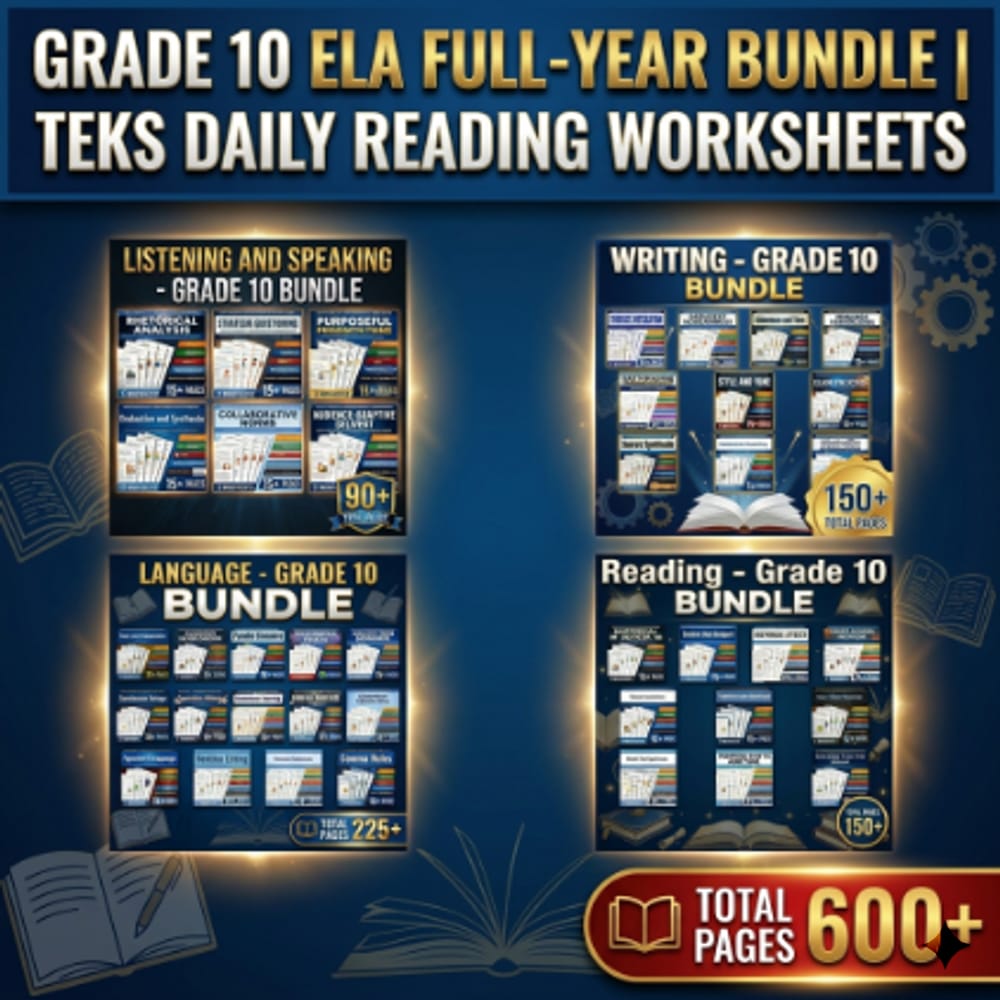 Grade 10 ELA Full-Year Bundle | TEKS Daily Reading Worksheets — bundle cover