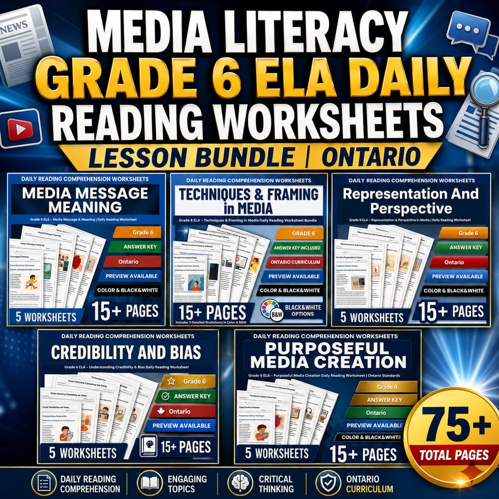 Media Literacy Grade 6 ELA Daily Reading Worksheets Lesson Bundle | Ontario — bundle cover