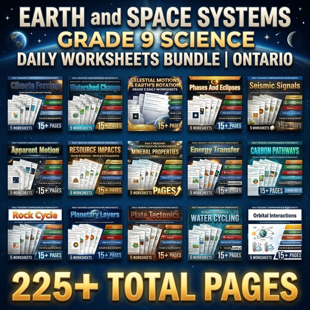 Earth and Space Systems Grade 9 Science Daily  Worksheets Bundle | Ontario — bundle cover