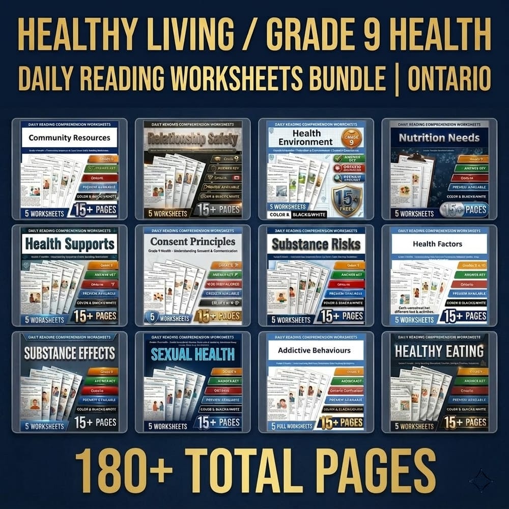 Healthy Living Grade 9 Health Daily Reading Worksheets Bundle | Ontario — bundle cover