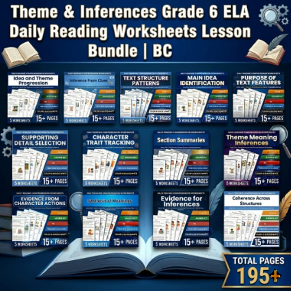 Theme & Inferences Grade 6 ELA Daily Reading Worksheets Lesson Bundle | BC — bundle cover