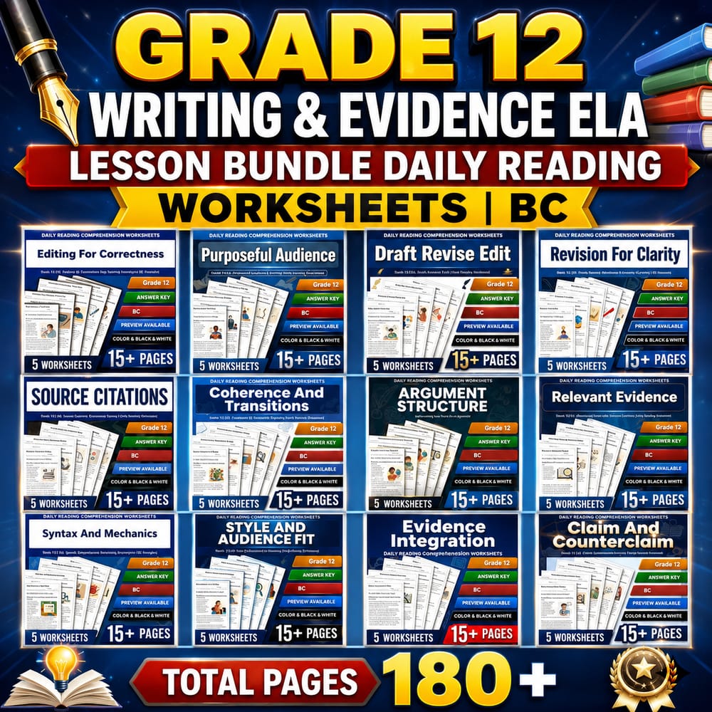 Grade 12 Writing & Evidence ELA Lesson Bundle Daily Reading Worksheets | BC — bundle cover