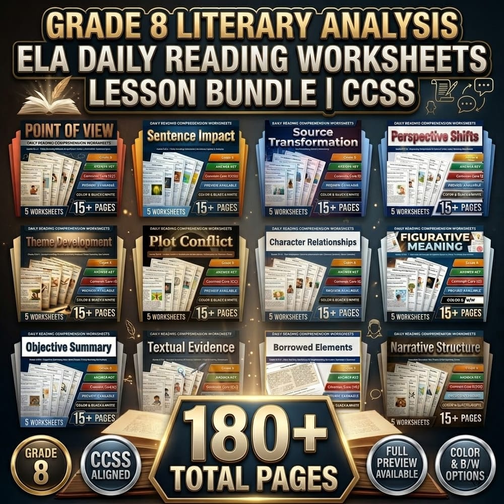 Grade 8 Literary Analysis ELA Daily Reading Worksheets Lesson Bundle | CCSS — bundle cover