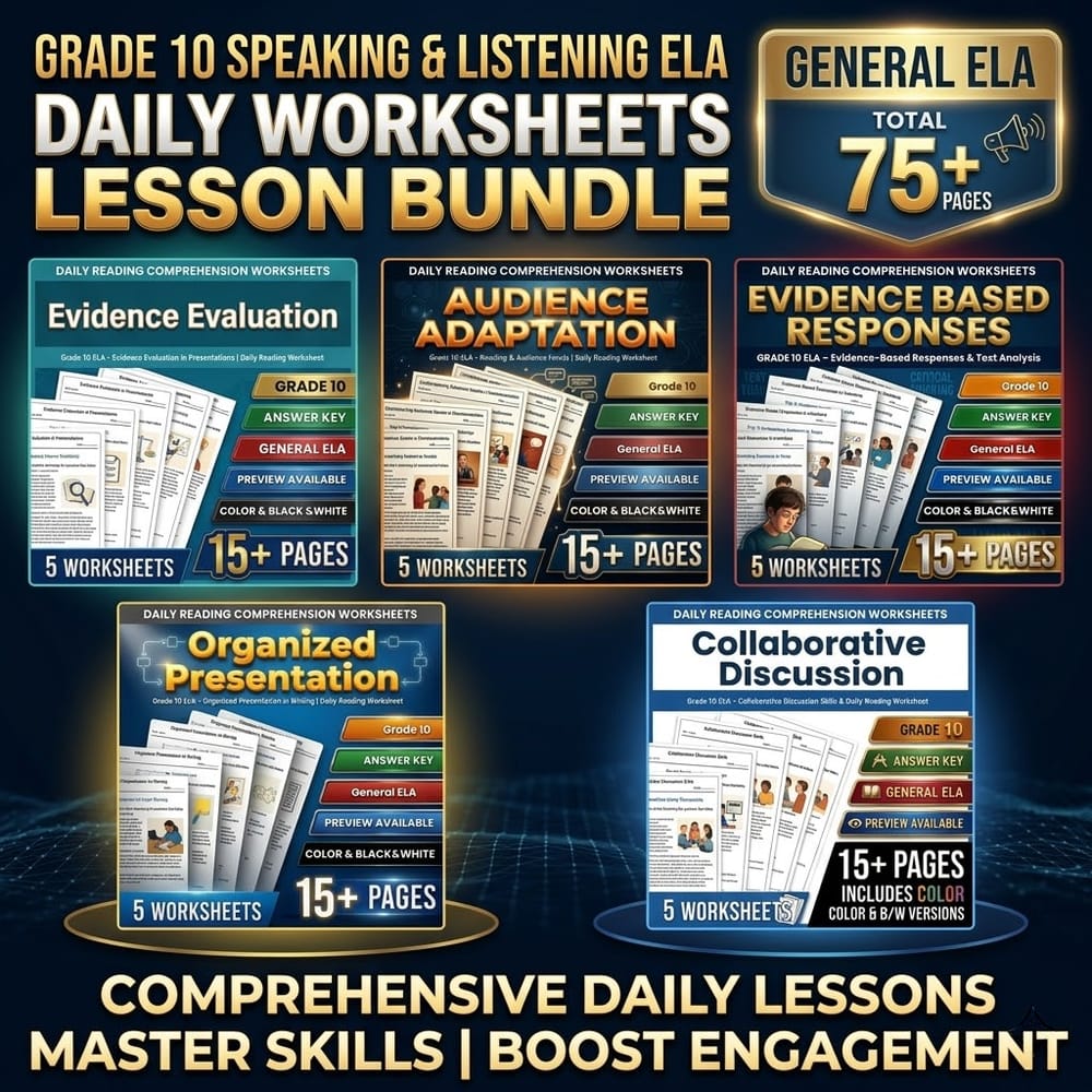 Grade 10 Speaking & Listening ELA Daily Worksheets Lesson Bundle | General ELA — bundle cover