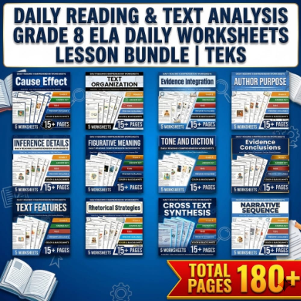 Daily Reading & Text Analysis Grade 8 ELA Daily Worksheets Lesson Bundle | TEKS — bundle cover