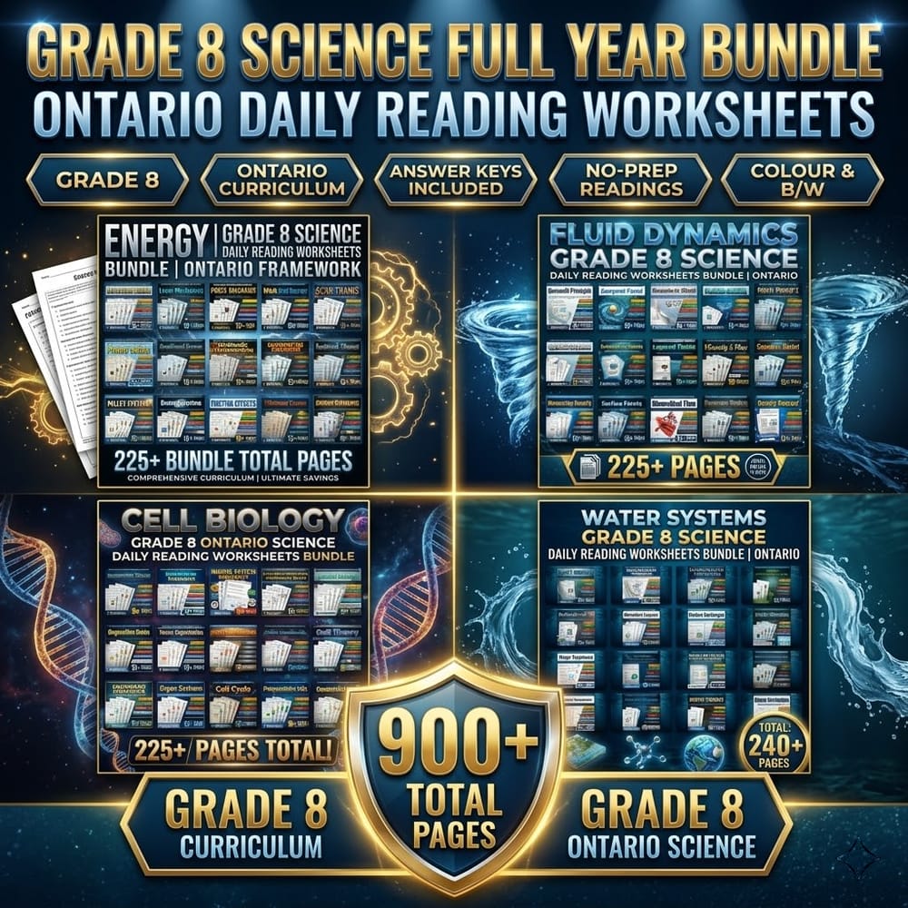 Grade 8 Science Full Year Bundle Ontario Daily Reading Worksheets — bundle cover