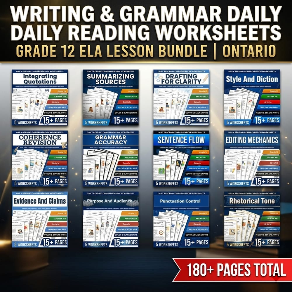 Writing & Grammar Daily Reading Worksheets Grade 12 ELA Lesson Bundle | Ontario — bundle cover