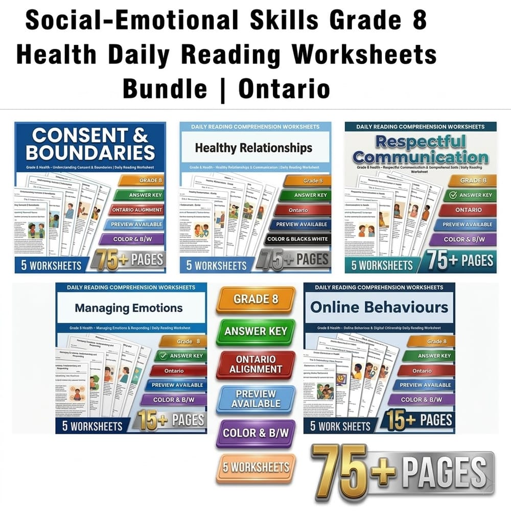 Social-Emotional Skills Grade 8 Health Daily Reading Worksheets Bundle | Ontario — bundle cover