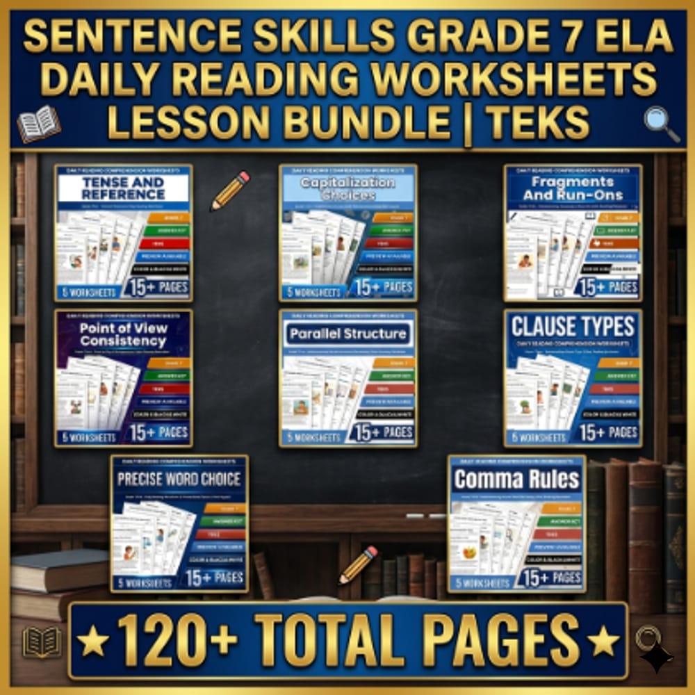 Sentence Skills Grade 7 ELA Daily Reading Worksheets Lesson Bundle | TEKS — bundle cover