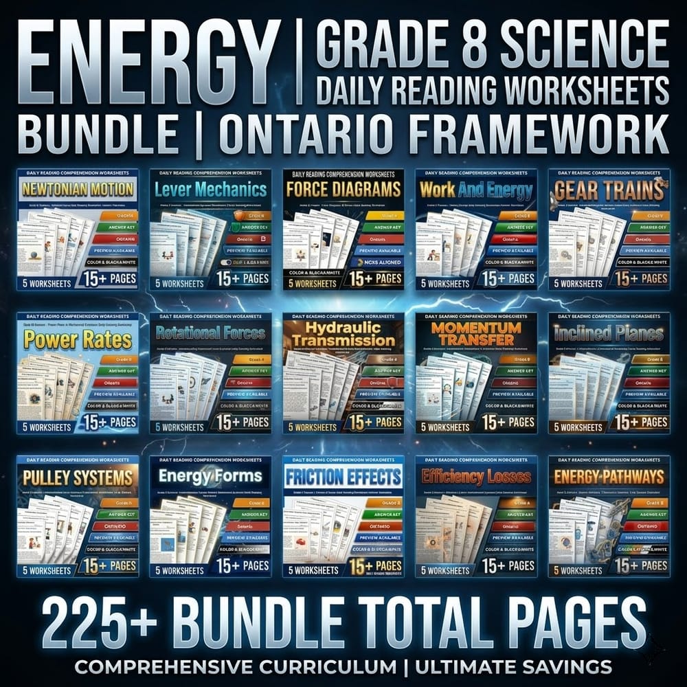 Energy Grade 8 Science Daily Reading Worksheets Bundle | Ontario Framework — bundle cover