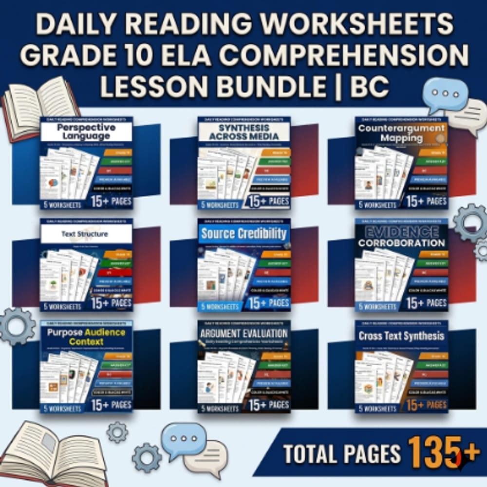 Daily Reading Worksheets Grade 10 ELA Comprehension Lesson Bundle | BC — bundle cover
