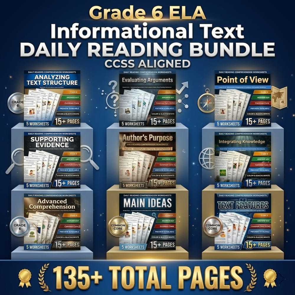 Reading: Informational Text Grade 6 ELA Daily Reading Worksheets Bundle | CCSS — bundle cover