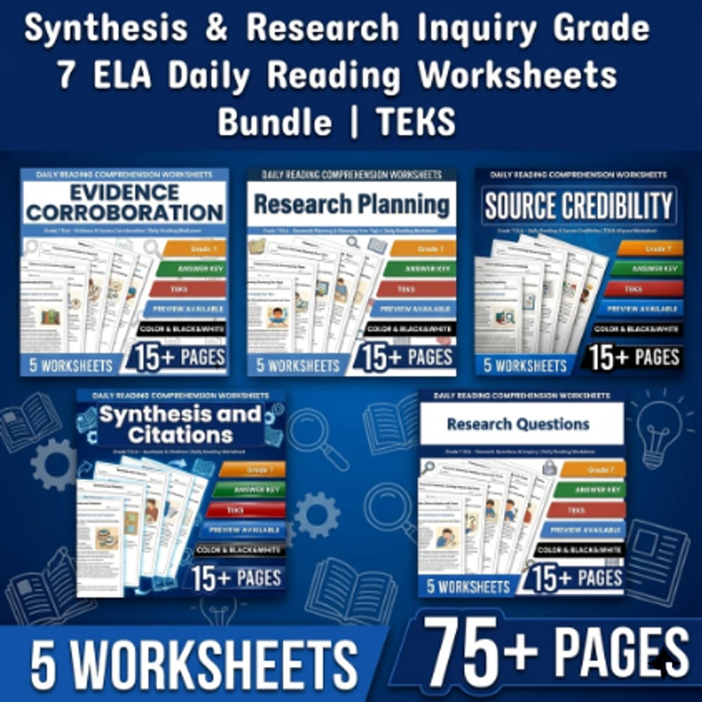 Synthesis & Research Inquiry Grade 7 ELA Daily Reading Worksheets Bundle | TEKS — bundle cover