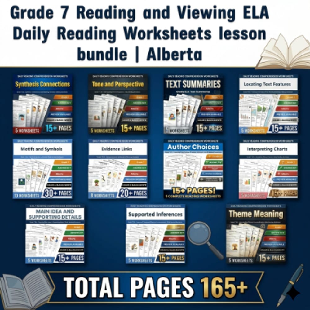 Grade 7 Reading and Viewing ELA Daily Reading Worksheets lesson bundle | Alberta — bundle cover