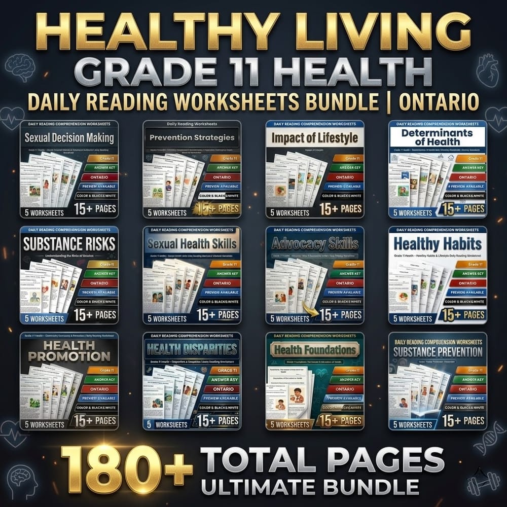 Healthy Living Grade 11 Health Daily Reading Worksheets Bundle | Ontario — bundle cover