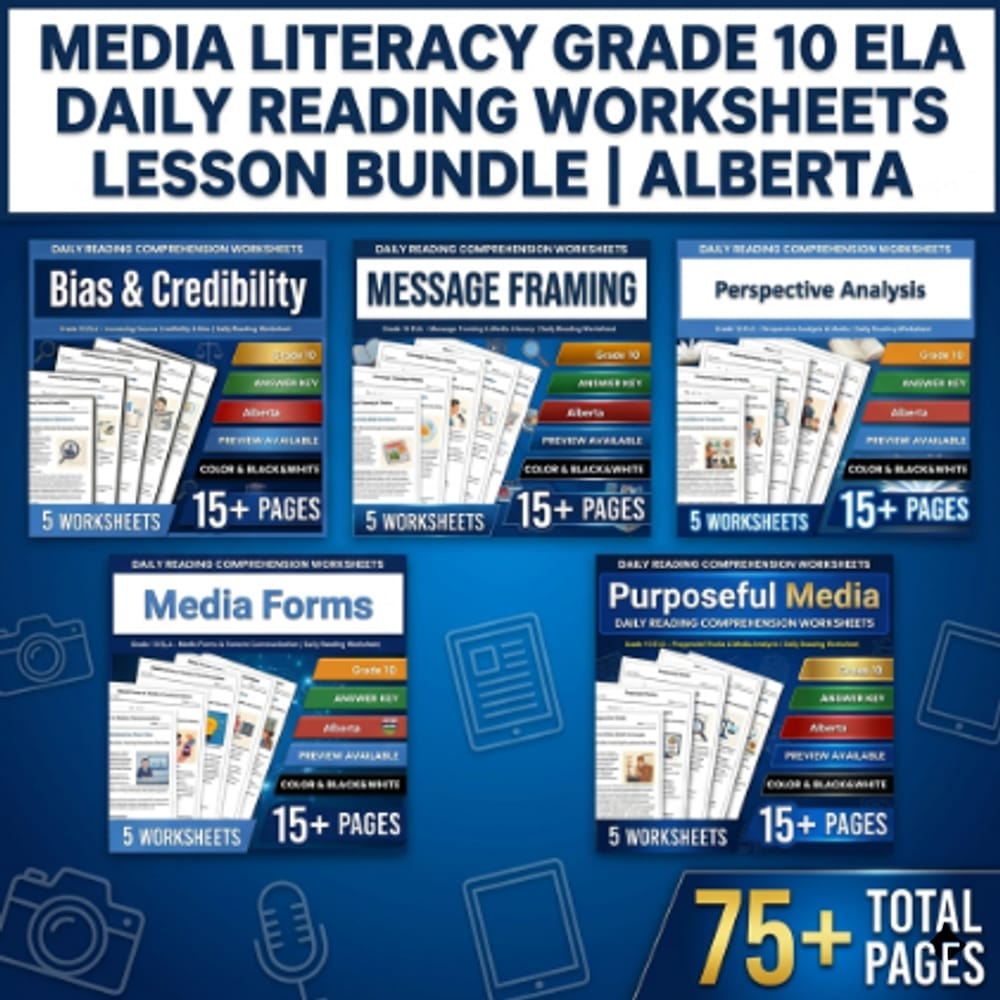 Media Literacy Grade 10 ELA Daily Reading Worksheets Lesson Bundle | Alberta — bundle cover