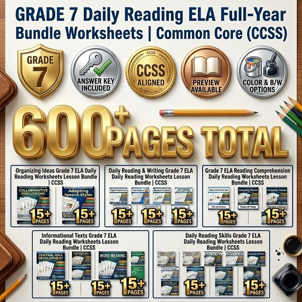 Grade 7 Daily Reading and Writing ELA Full-Year Bundle Common Core (CCSS) — bundle cover