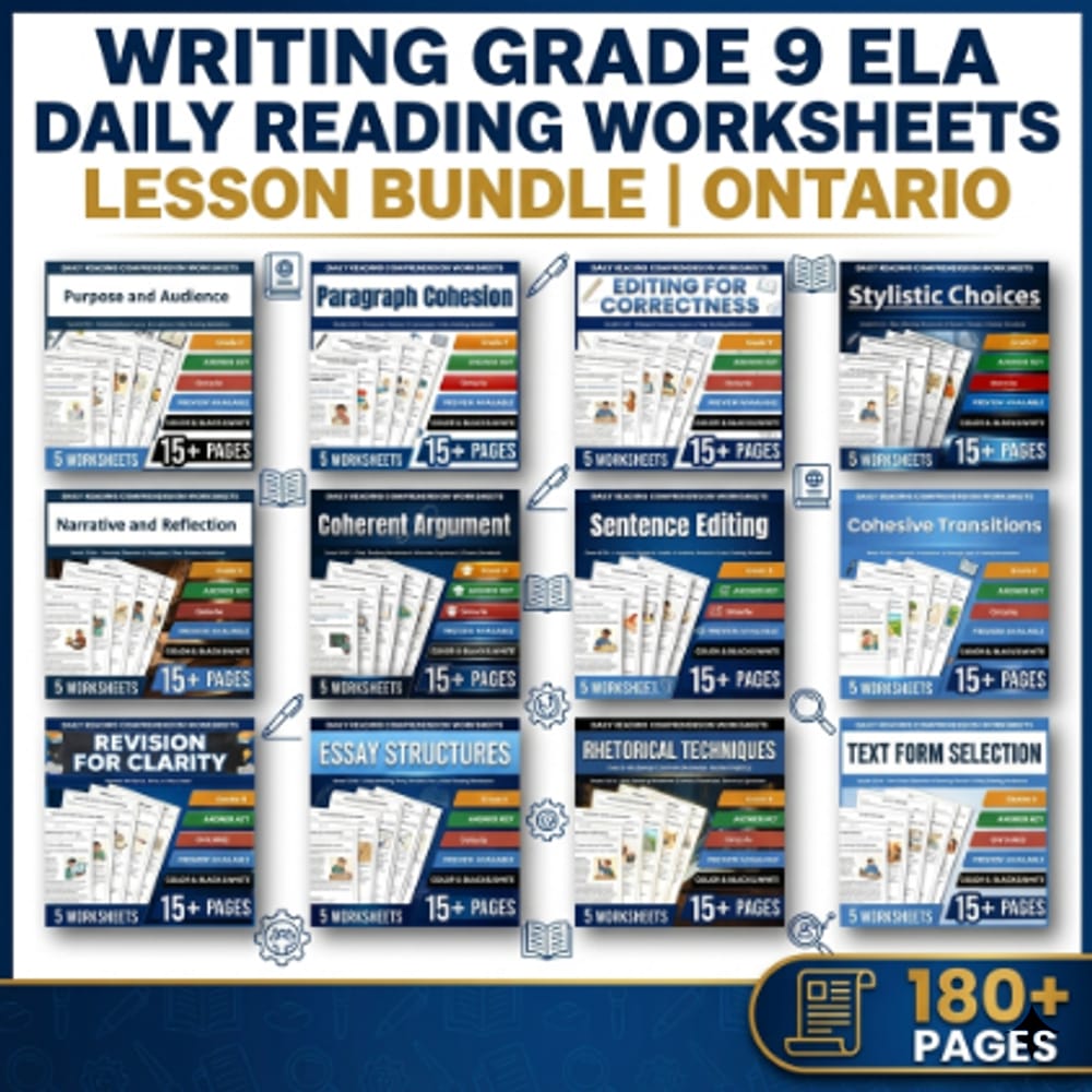 Writing Grade 9 ELA Daily Reading Worksheets Lesson Bundle | Ontario — bundle cover