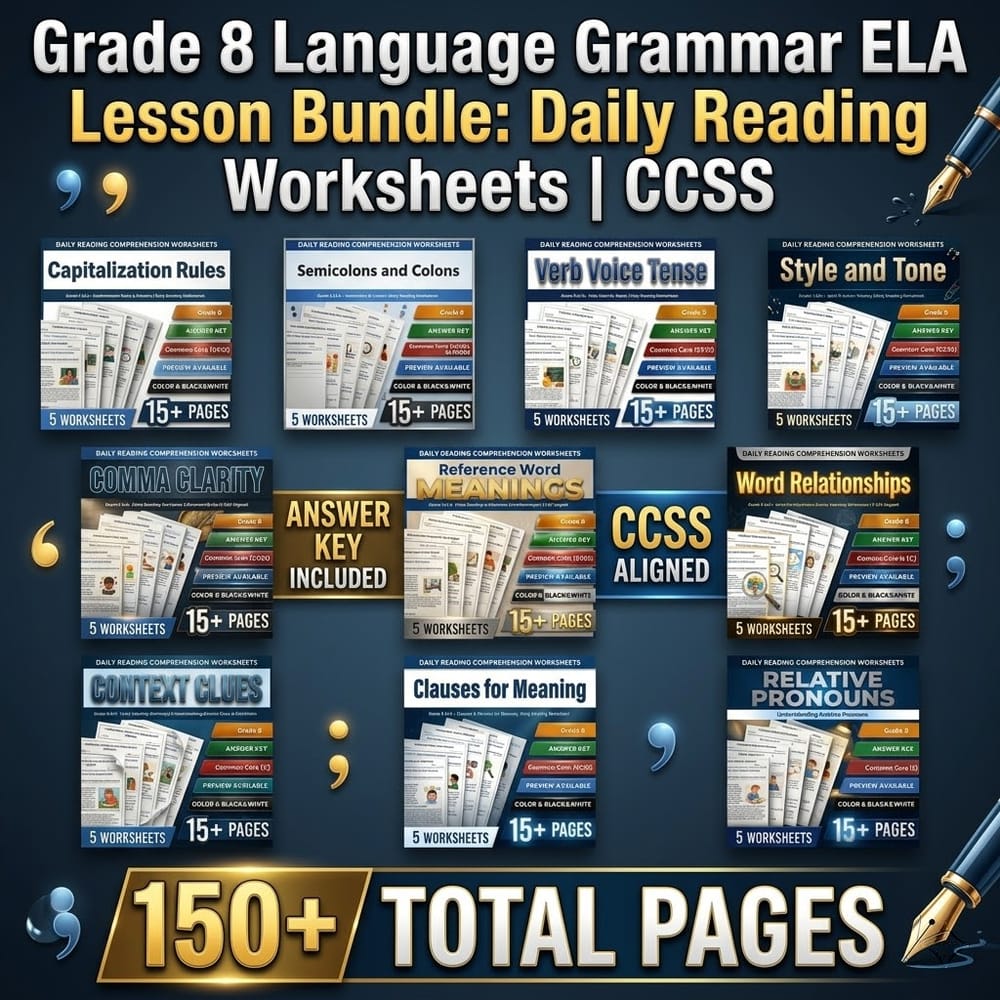 Grade 8 Language Grammar ELA Lesson Bundle: Daily Reading Worksheets | CCSS — bundle cover