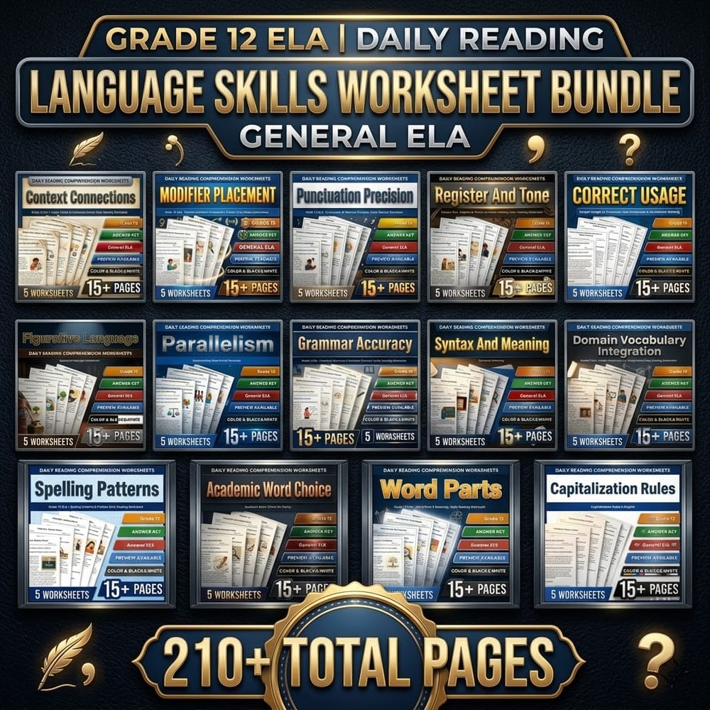 Grade 12 Language ELA Daily Reading Worksheets Lesson Bundle | General ELA — bundle cover
