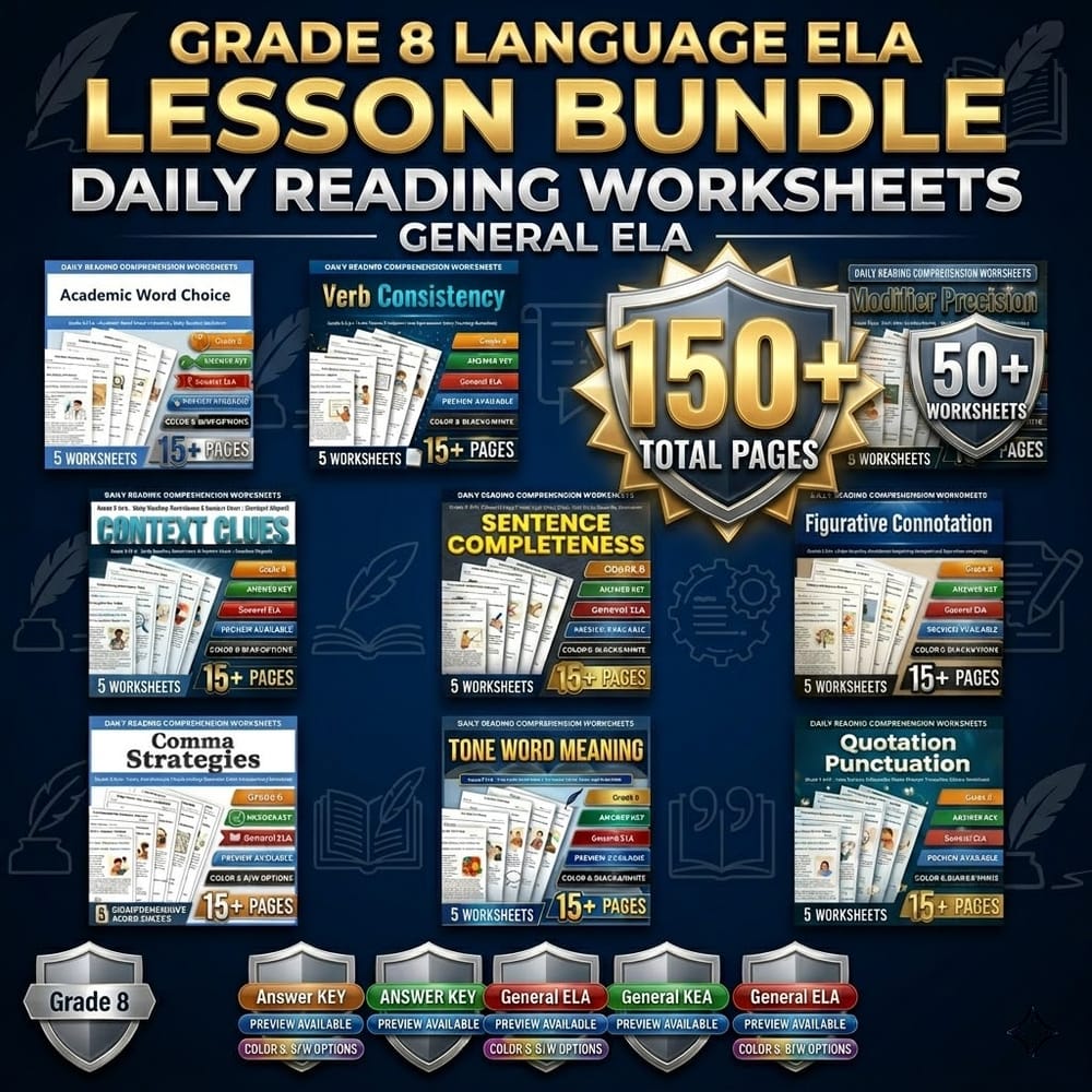 Grade 8 Language ELA Lesson Bundle: Daily Reading Worksheets | General ELA — bundle cover