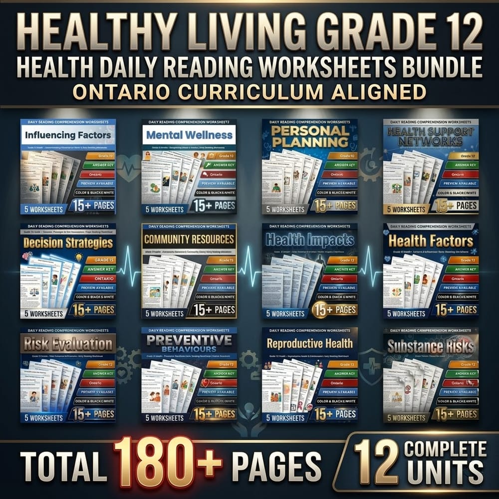 Healthy Living Grade 12 Health Daily Reading Worksheets Bundle | Ontario — bundle cover