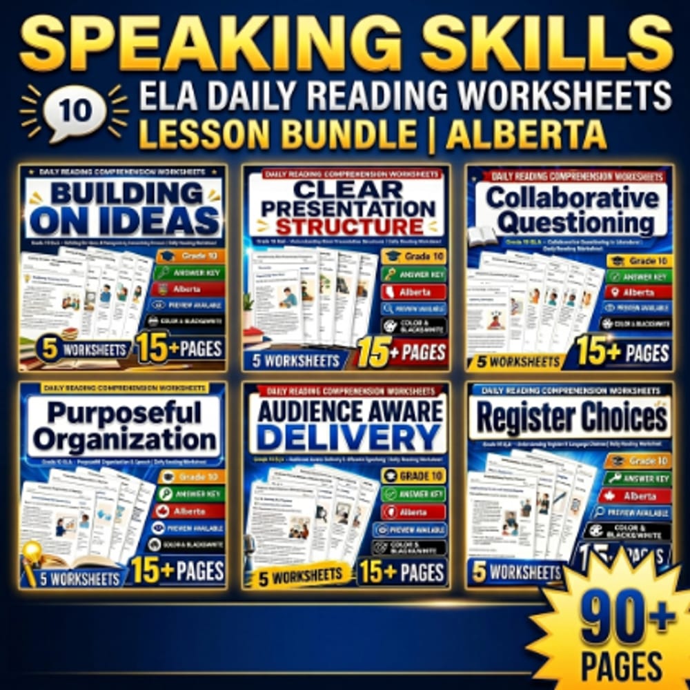 Speaking Skills Grade 10 ELA Daily Reading Worksheets Lesson Bundle | Alberta — bundle cover