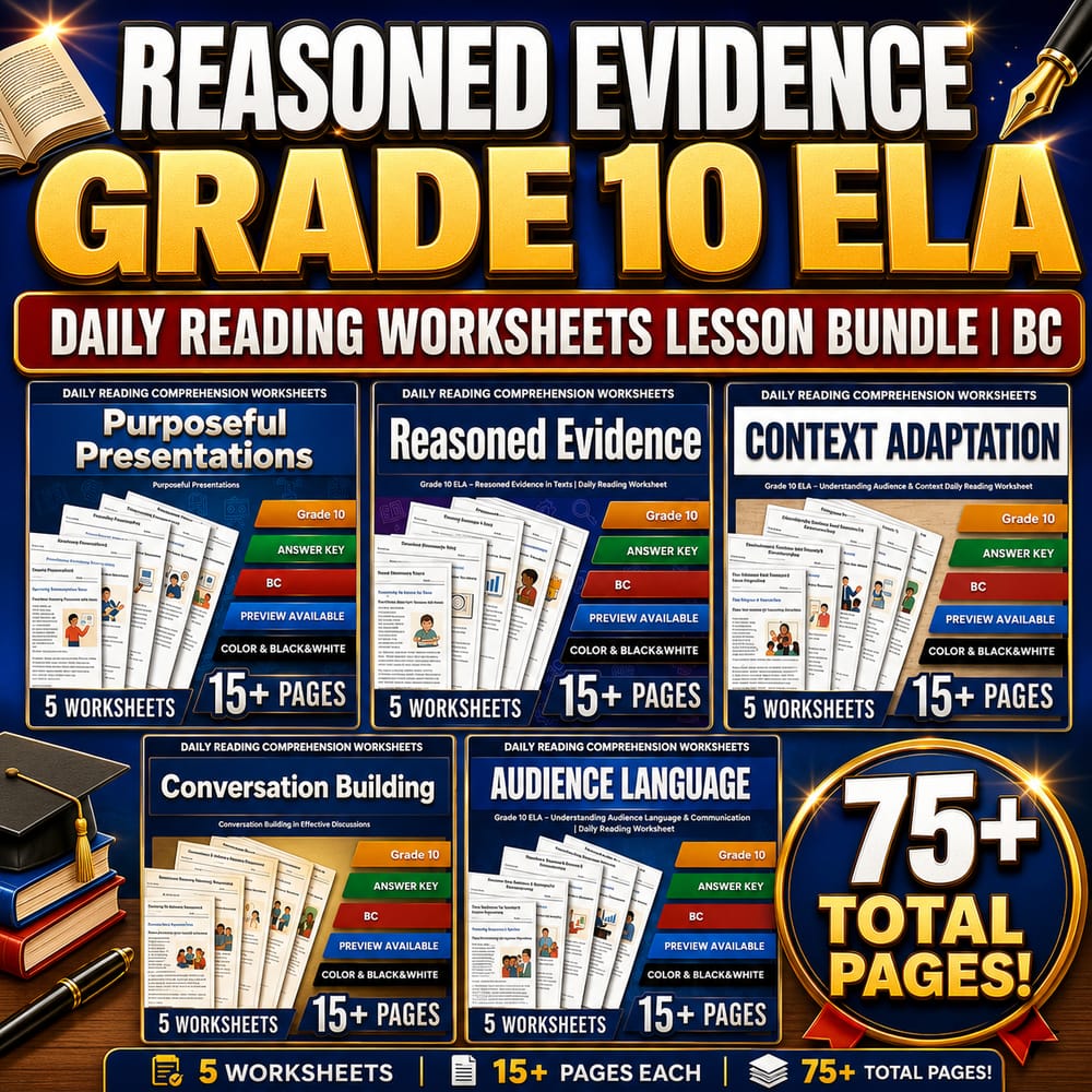 Reasoned Evidence Grade 10 ELA Daily Reading Worksheets Lesson Bundle | BC — bundle cover