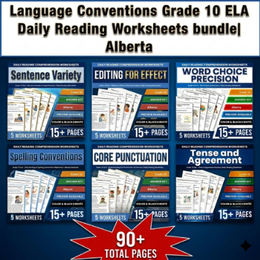 Language Conventions Grade 10 ELA Daily Reading Worksheets bundle|Alberta — bundle cover