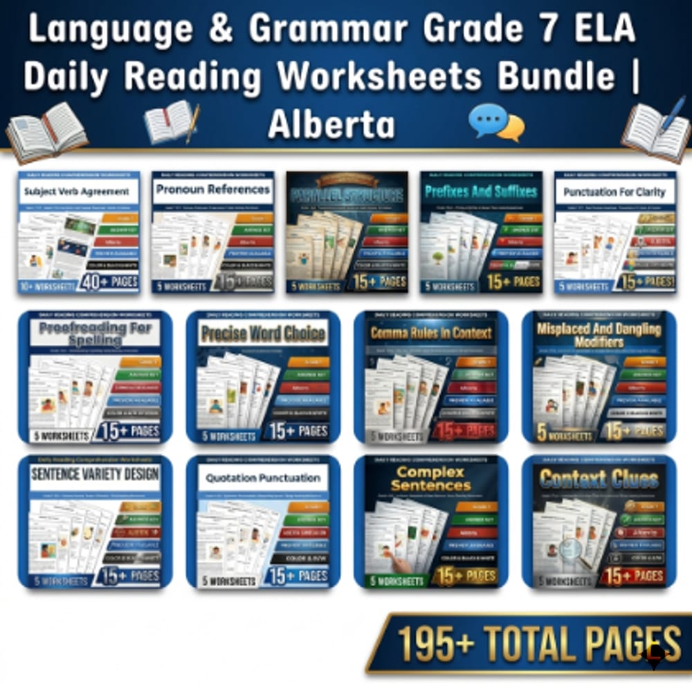 Language & Grammar Grade 7 ELA Daily Reading Worksheets Bundle | Alberta — bundle cover