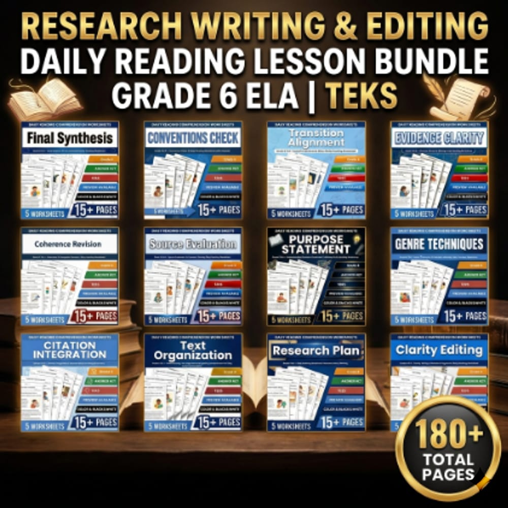 Research Writing & Editing Daily Reading Lesson Bundle | Grade 6 ELA | TeKS — bundle cover