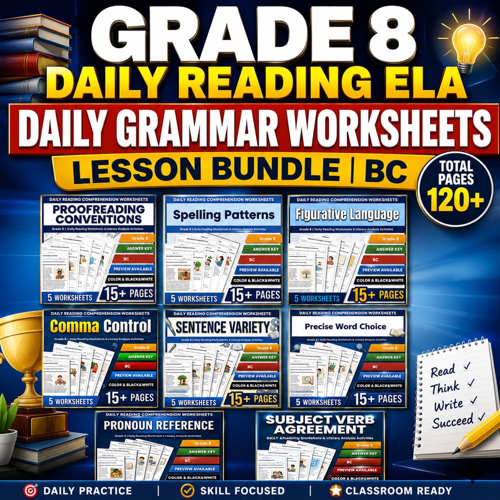 Grade 8 Daily Reading ELA Daily Grammar Worksheets Lesson Bundle | BC — bundle cover