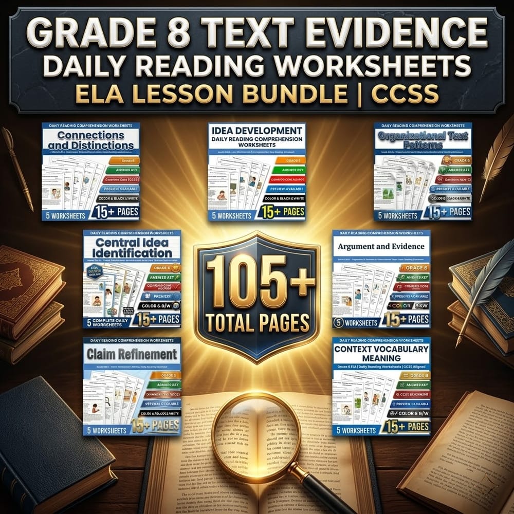 Grade 8 Text Evidence Daily Reading Worksheets ELA Lesson Bundle | CCSS — bundle cover