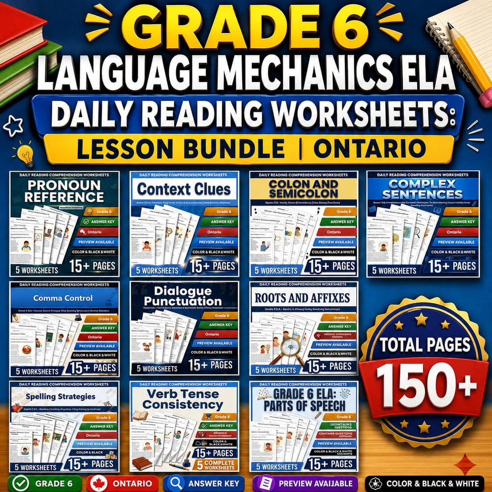 Grade 6 Language Mechanics ELA Daily Reading Worksheets: Lesson Bundle | Ontario — bundle cover