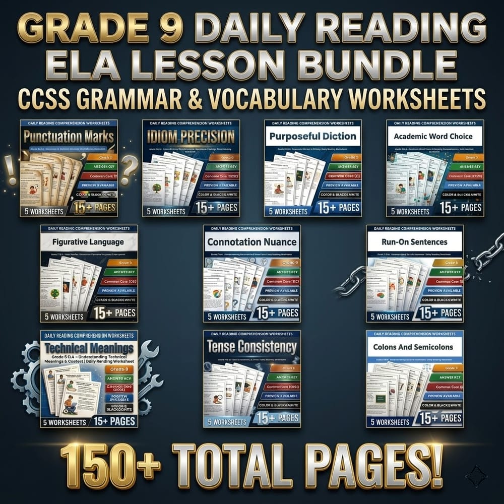 Grade 9 Daily Reading ELA Lesson Bundle: CCSS Grammar & Vocabulary Worksheets — bundle cover