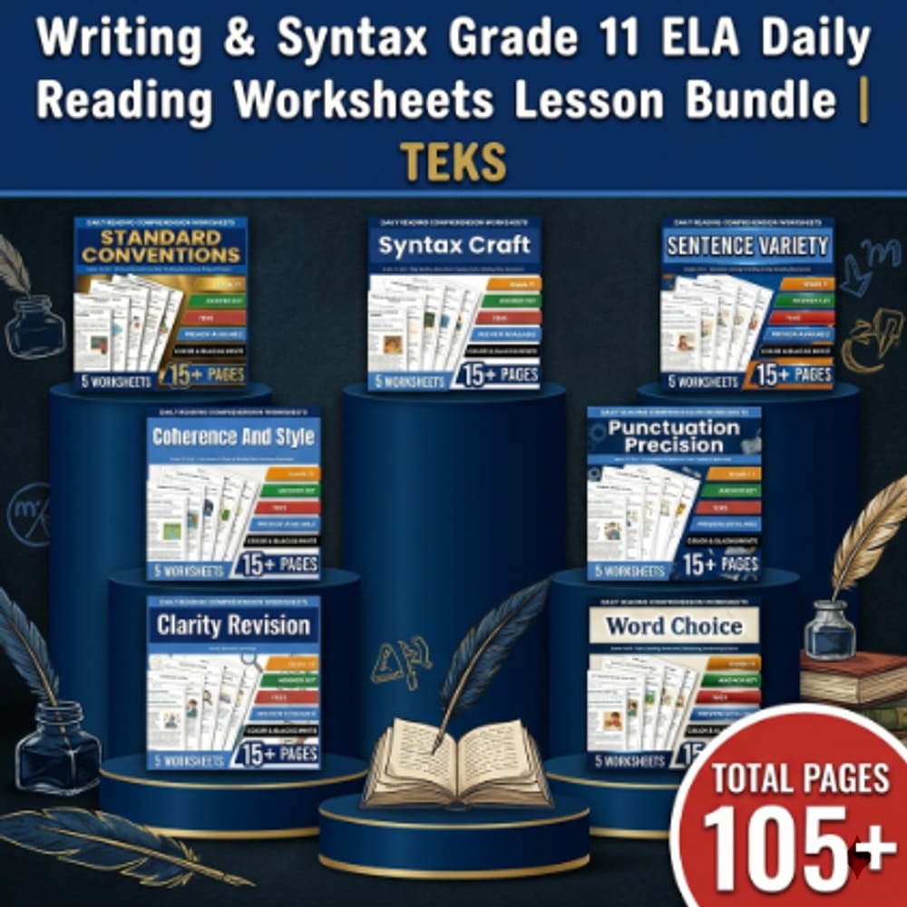 Writing & Syntax Grade 11 ELA Daily Reading Worksheets Lesson Bundle | TEKS — bundle cover