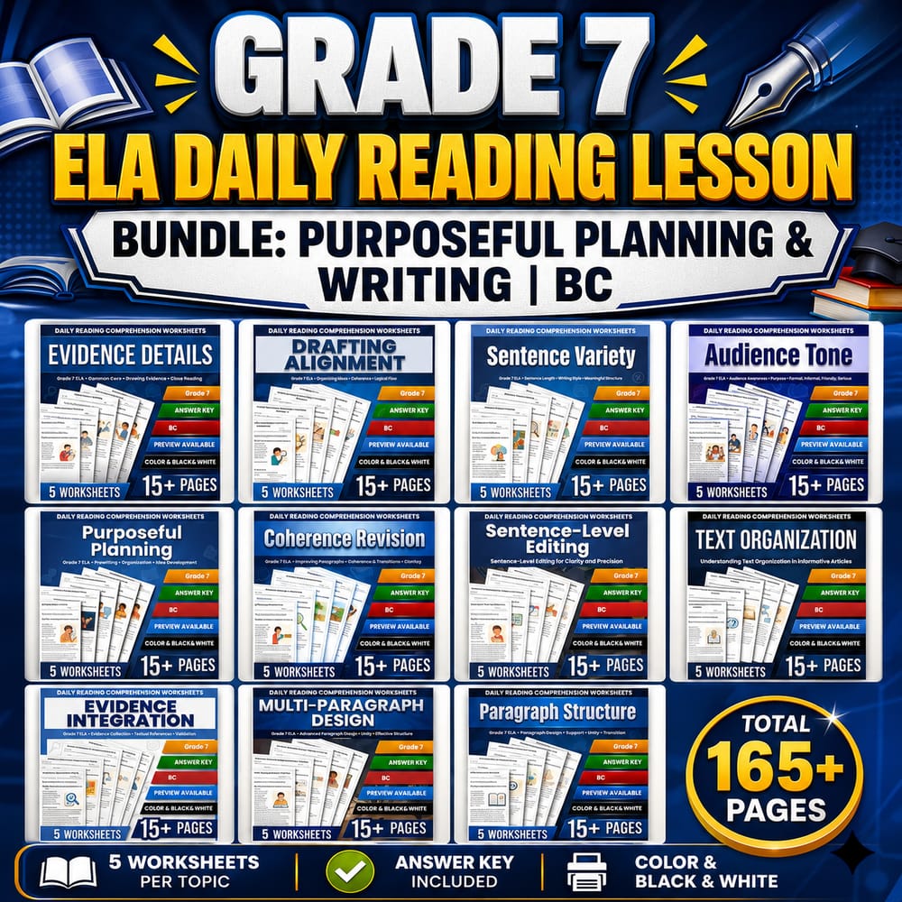 Grade 7 ELA Daily Reading Lesson Bundle: Purposeful Planning & Writing | BC — bundle cover