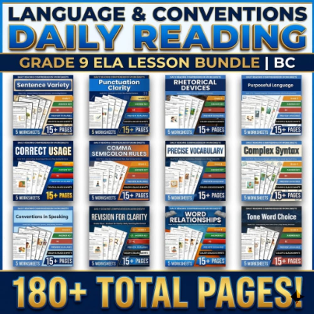 Language & Conventions Daily Reading Grade 9 ELA Lesson Bundle | BC — bundle cover