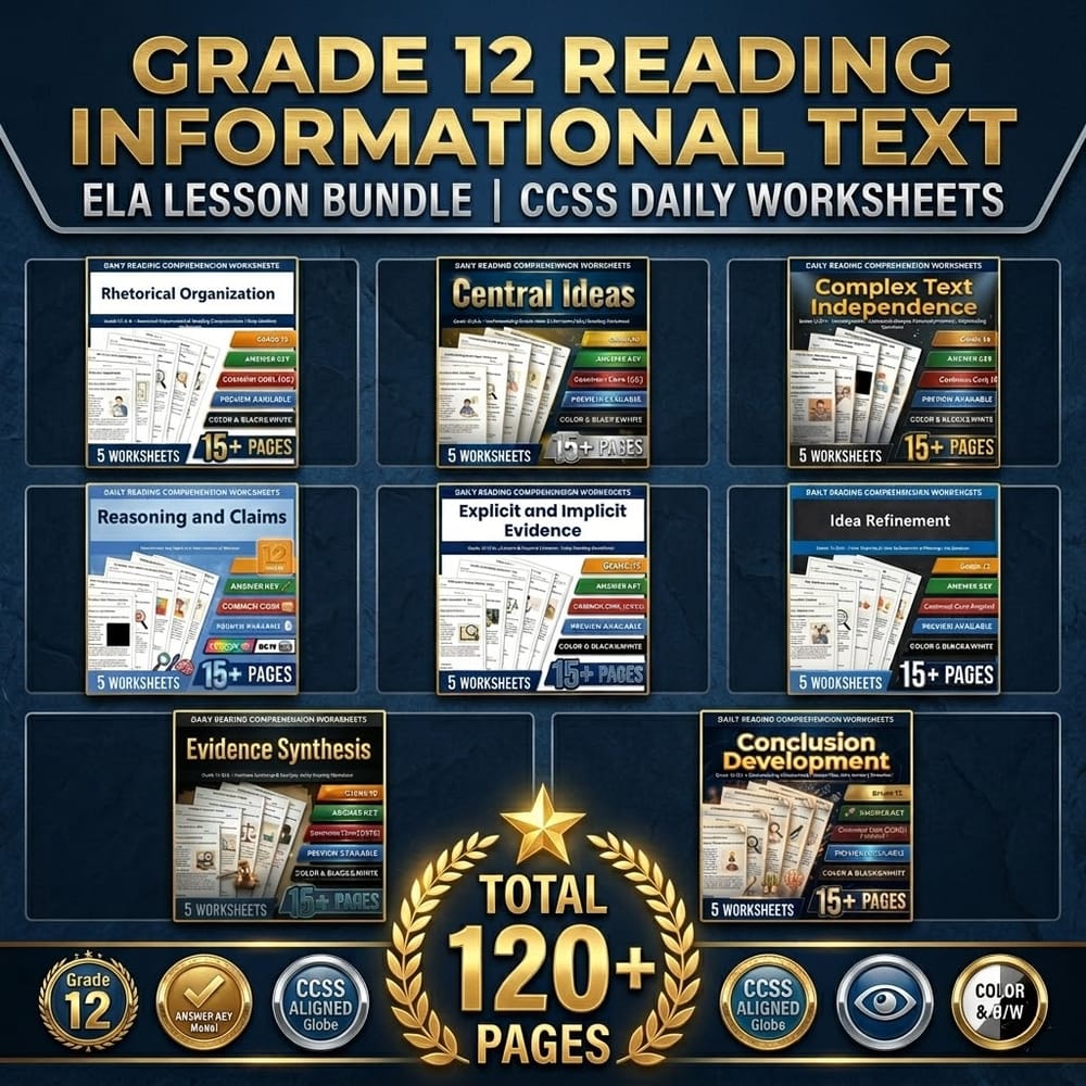 Grade 12 Reading Informational Text ELA Lesson Bundle | CCSS Daily Worksheets — bundle cover