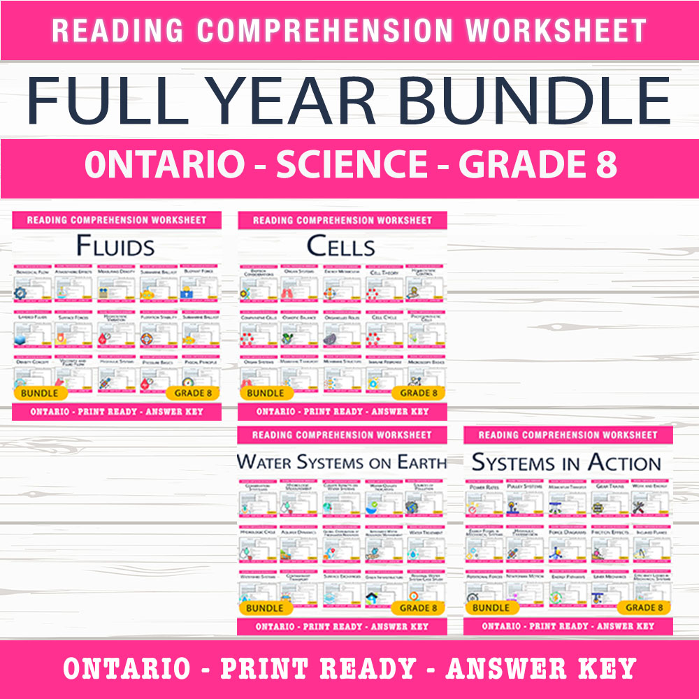 Grade 8 Science Worksheet Bundle – Forces, Energy, Cells & Water Systems — bundle cover