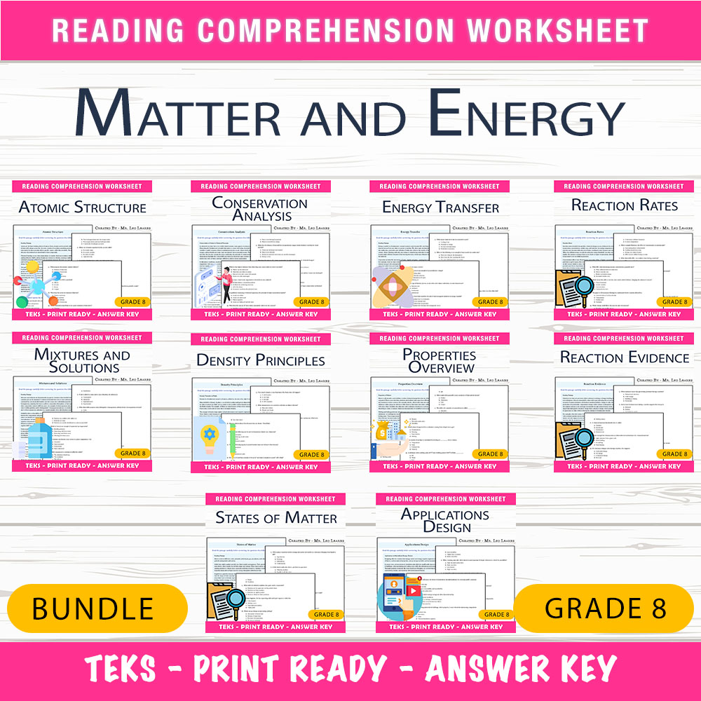 Grade 8 Science Unit Bundle – Matter, Reaction Rates & Energy Mastery Worksheets — bundle cover