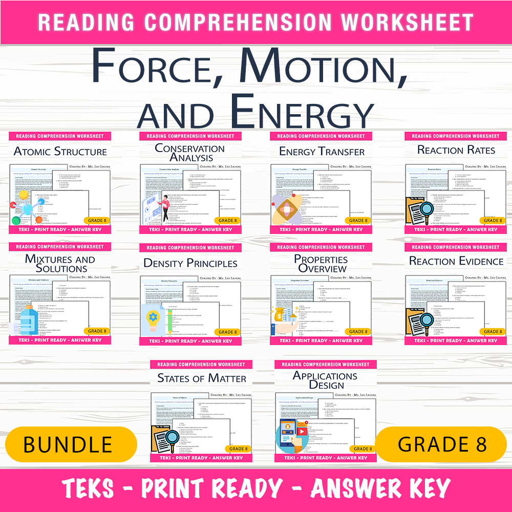 Grade 8 Science Unit Bundle | Motion, Forces & Energy Mastery Worksheets — bundle cover