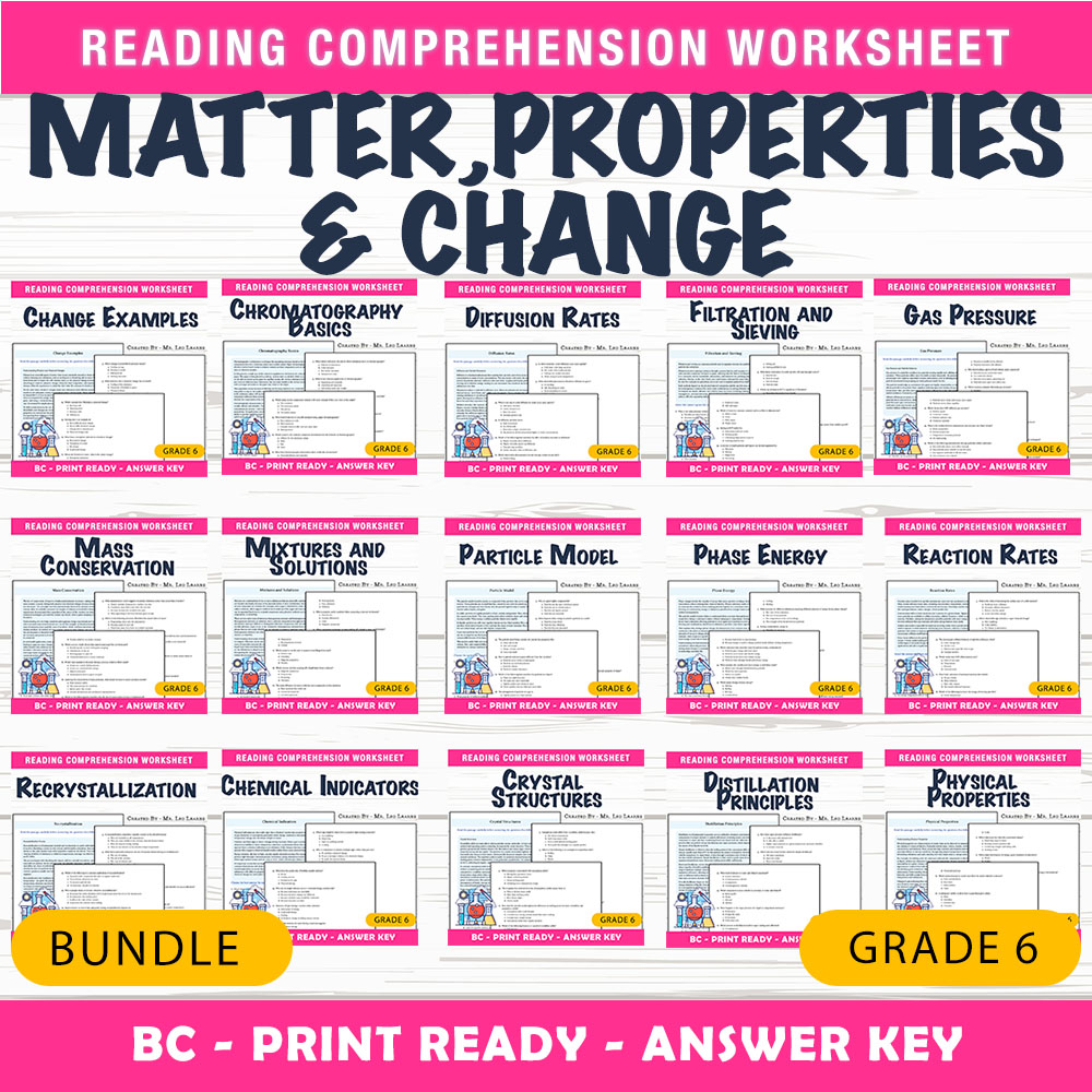 Grade 6 Science | Matter, Properties & Change Worksheet Bundle (BC Framework) — bundle cover